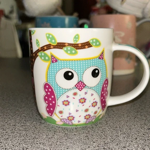 Burton & Burton Owl Mug Cup Calico Patchwork Turquoise 12 Oz. 2014 Whimsical - Picture 1 of 6